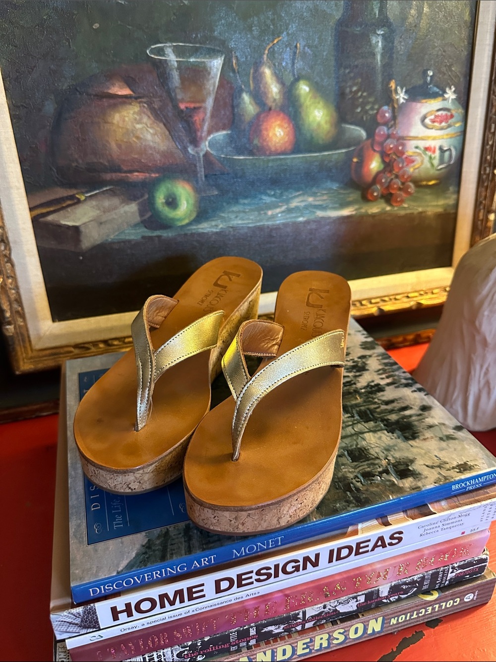 K.Jacques Metallic Gold Cork Platform Thongs